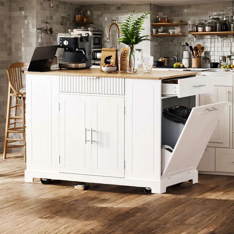 Kitchen Island Table: Tilt-Out Trash Cabinet with Charging Station & Storage Drawers