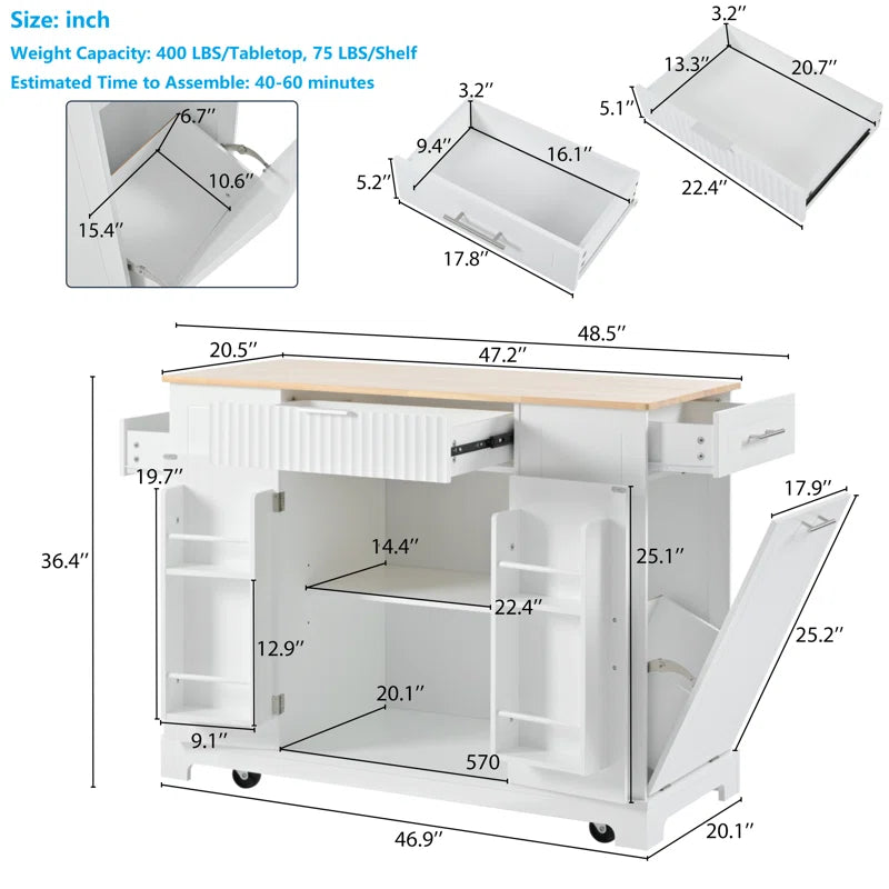 Kitchen Island Table: Tilt-Out Trash Cabinet with Charging Station & Storage Drawers