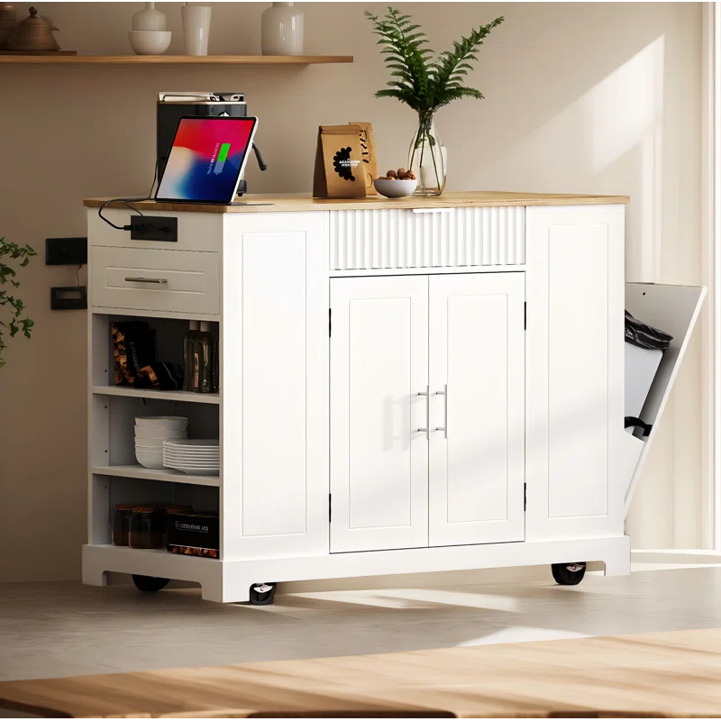 Kitchen Island Table: Tilt-Out Trash Cabinet with Charging Station & Storage Drawers