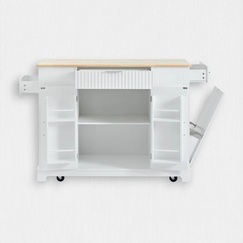 Kitchen Island Table: Tilt-Out Trash Cabinet with Charging Station & Storage Drawers