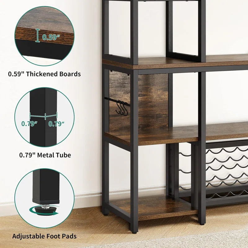Kitchen Racks: Modern Rustic Bar Stand with Open Shelving, Wine Storage, and Glass Rack