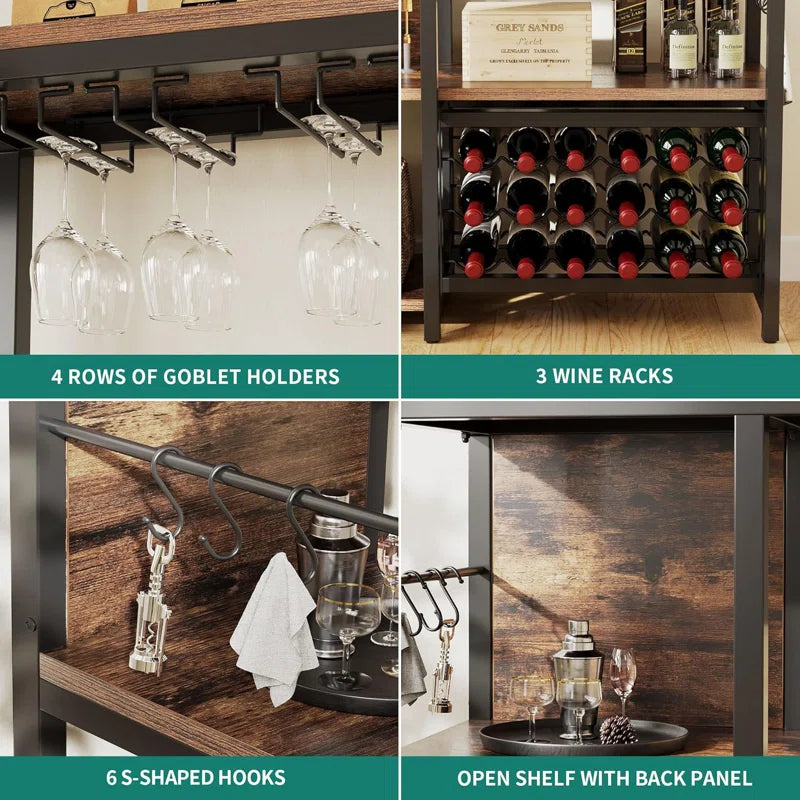 Kitchen Racks: Modern Rustic Bar Stand with Open Shelving, Wine Storage, and Glass Rack
