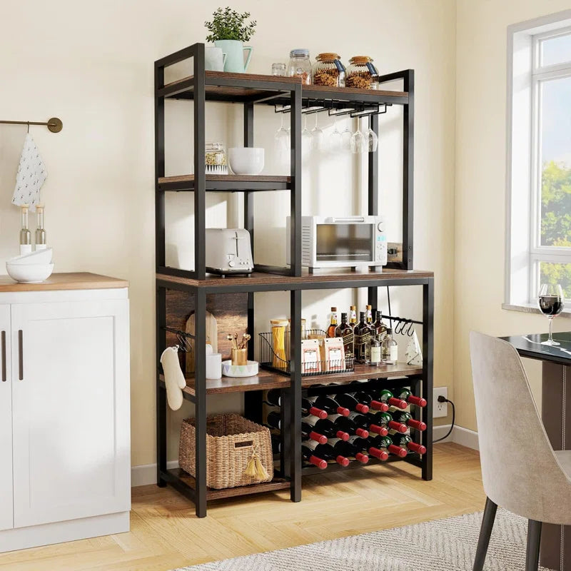 Kitchen Racks: Modern Rustic Bar Stand with Open Shelving, Wine Storage, and Glass Rack