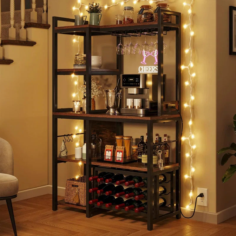 Kitchen Racks: Modern Rustic Bar Stand with Open Shelving, Wine Storage, and Glass Rack
