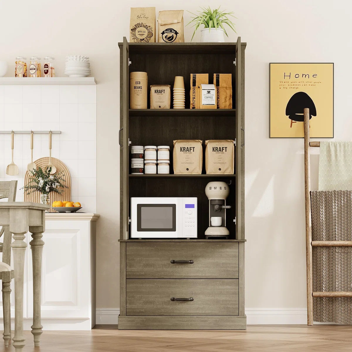 Microwave Stands: Kitchen Pantry Cabinet With Doors And Shelves – Freestanding Tall Microwave Stands for Efficient Storage