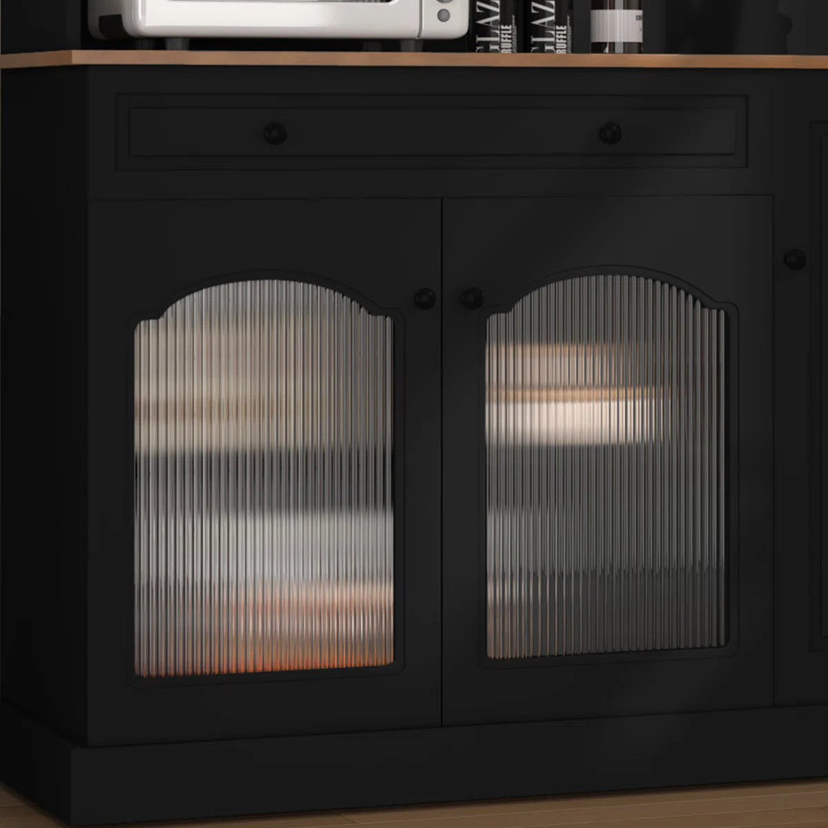 Microwave Stands: Glass-doored Kitchen Pantry Cabinet & Hutch storage