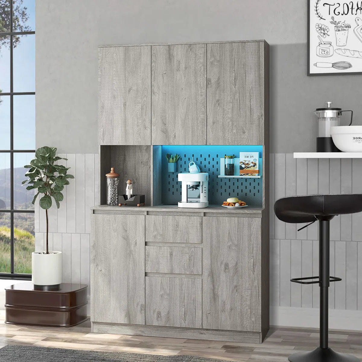 Microwave Stands : Modern Kitchen Sideboard Cabinet with LED & Charging Station – Stylish Microwave Stands for Any Room