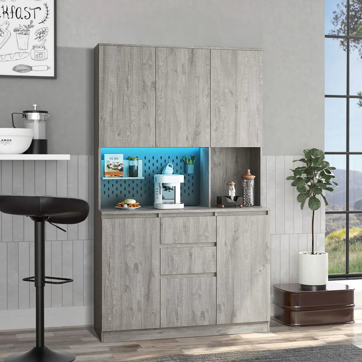 Microwave Stands : Modern Kitchen Sideboard Cabinet with LED & Charging Station – Stylish Microwave Stands for Any Room