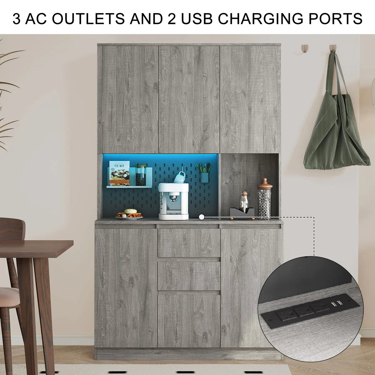 Microwave Stands : Modern Kitchen Sideboard Cabinet with LED & Charging Station – Stylish Microwave Stands for Any Room