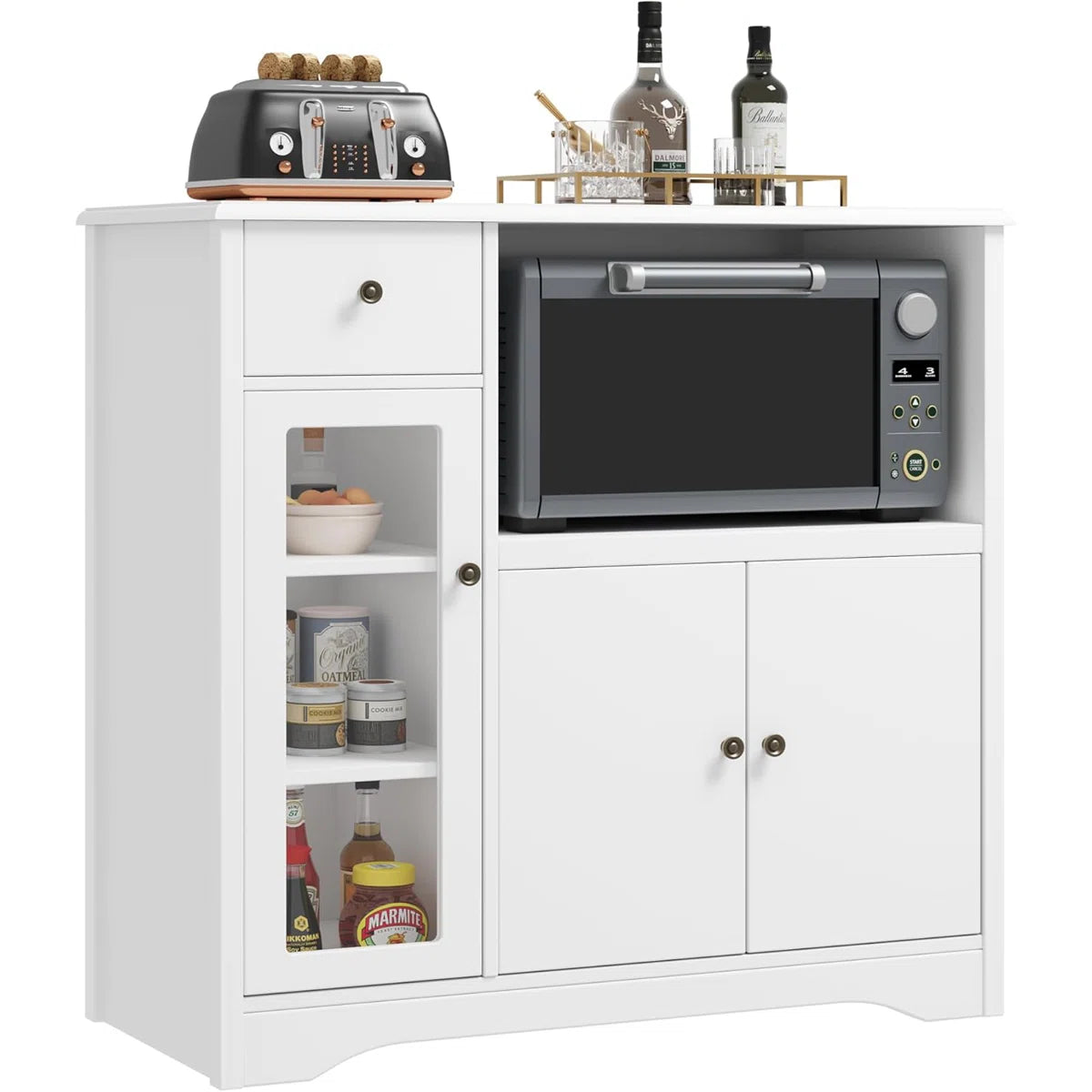 Microwave Stands: White Kitchen Storage Cabinet with 3 Doors, 1 Drawer & Adjustable Shelves