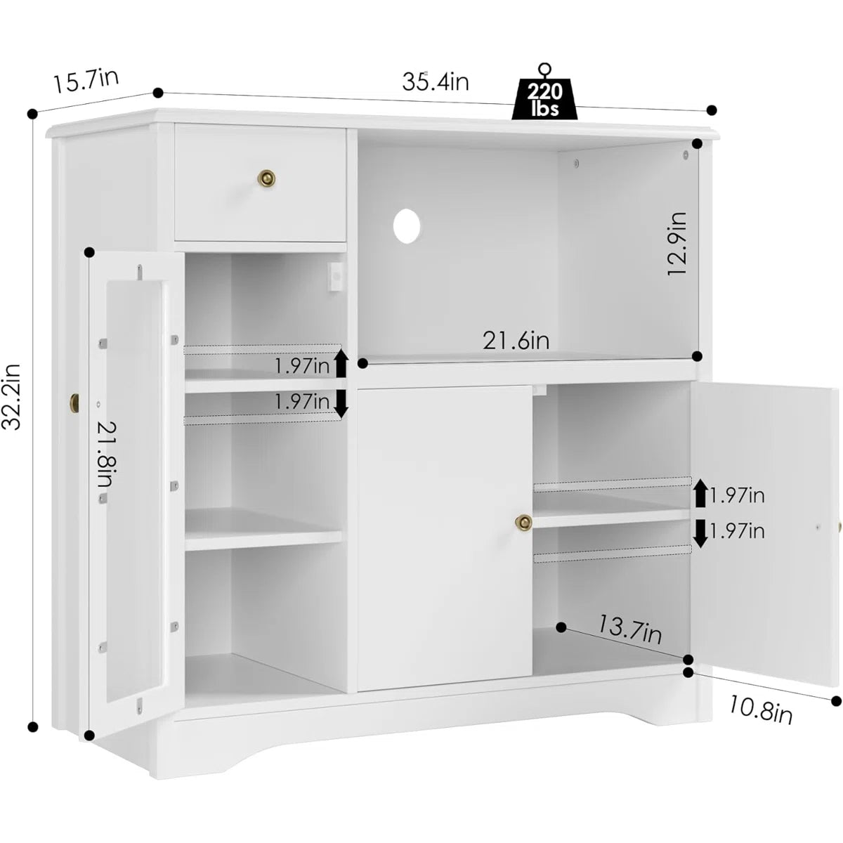 Microwave Stands: White Kitchen Storage Cabinet with 3 Doors, 1 Drawer & Adjustable Shelves