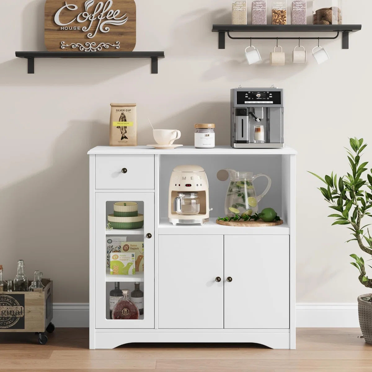 Microwave Stands: White Kitchen Storage Cabinet with 3 Doors, 1 Drawer & Adjustable Shelves