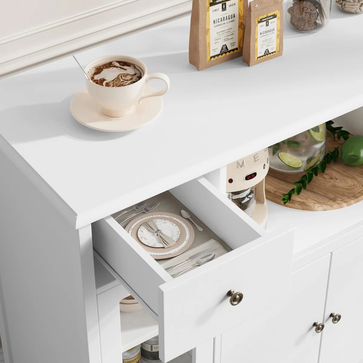 Microwave Stands: White Kitchen Storage Cabinet with 3 Doors, 1 Drawer & Adjustable Shelves