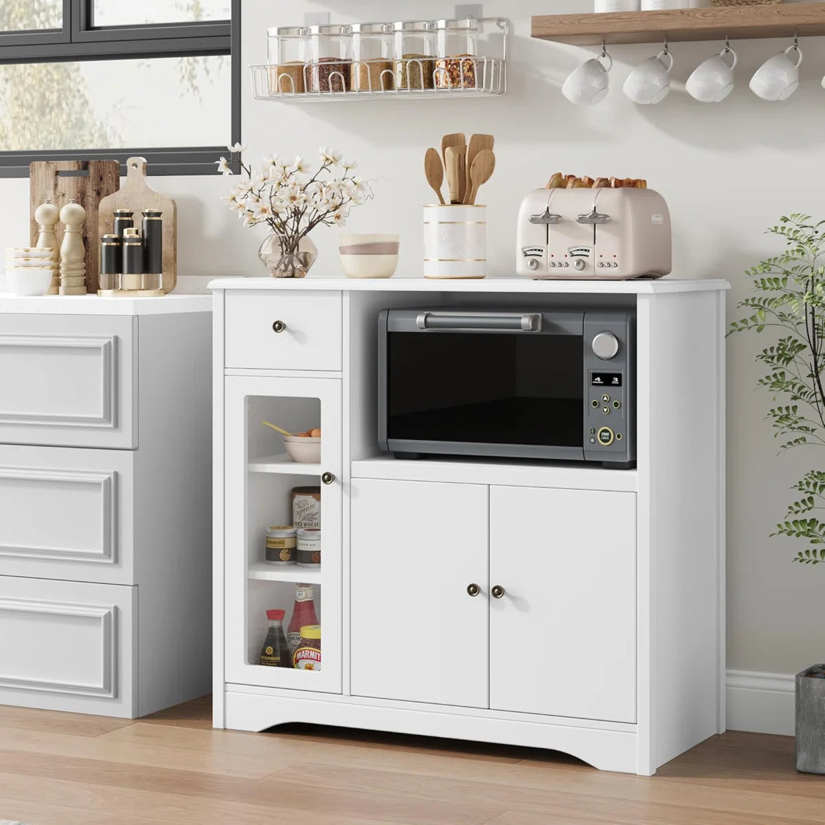 Microwave Stands: White Kitchen Storage Cabinet with 3 Doors, 1 Drawer & Adjustable Shelves