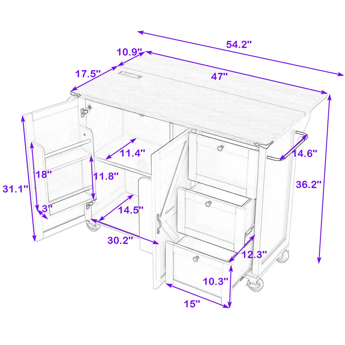 Kitchen Island Table: 54.2” Wide Rustic Kitchen Cart with X Barn Doors, Drop Leaf & Charging Station