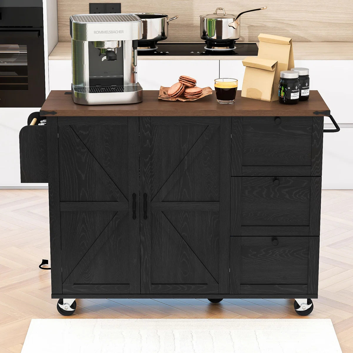 Kitchen Island Table: 54.2” Wide Rustic Kitchen Cart with X Barn Doors, Drop Leaf & Charging Station