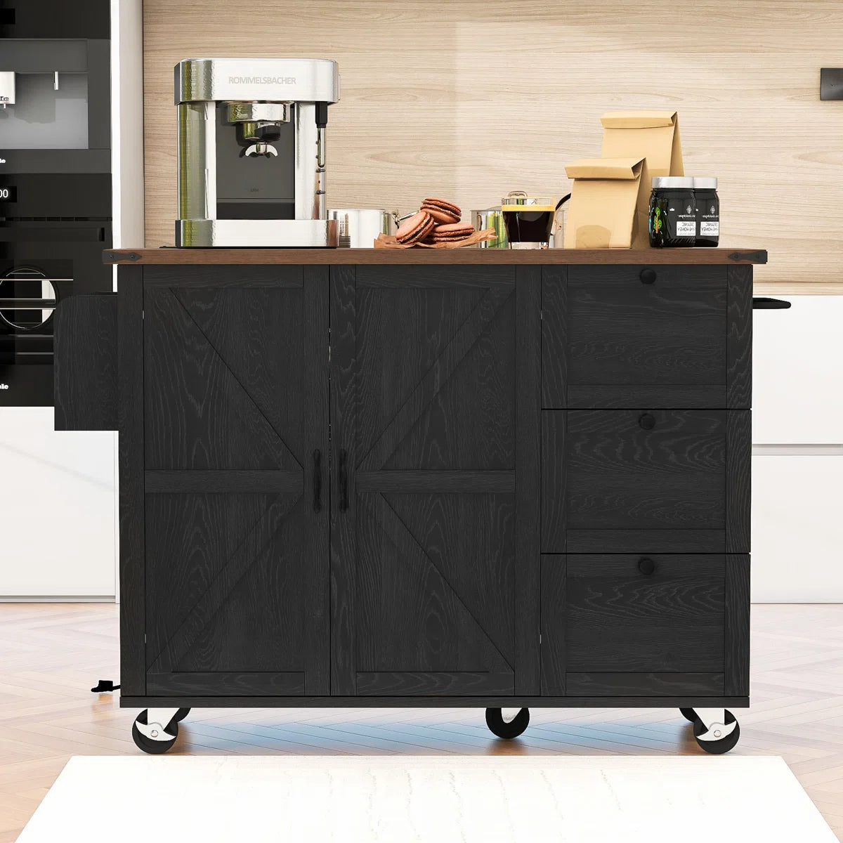 Kitchen Island Table: 54.2” Wide Rustic Kitchen Cart with X Barn Doors, Drop Leaf & Charging Station
