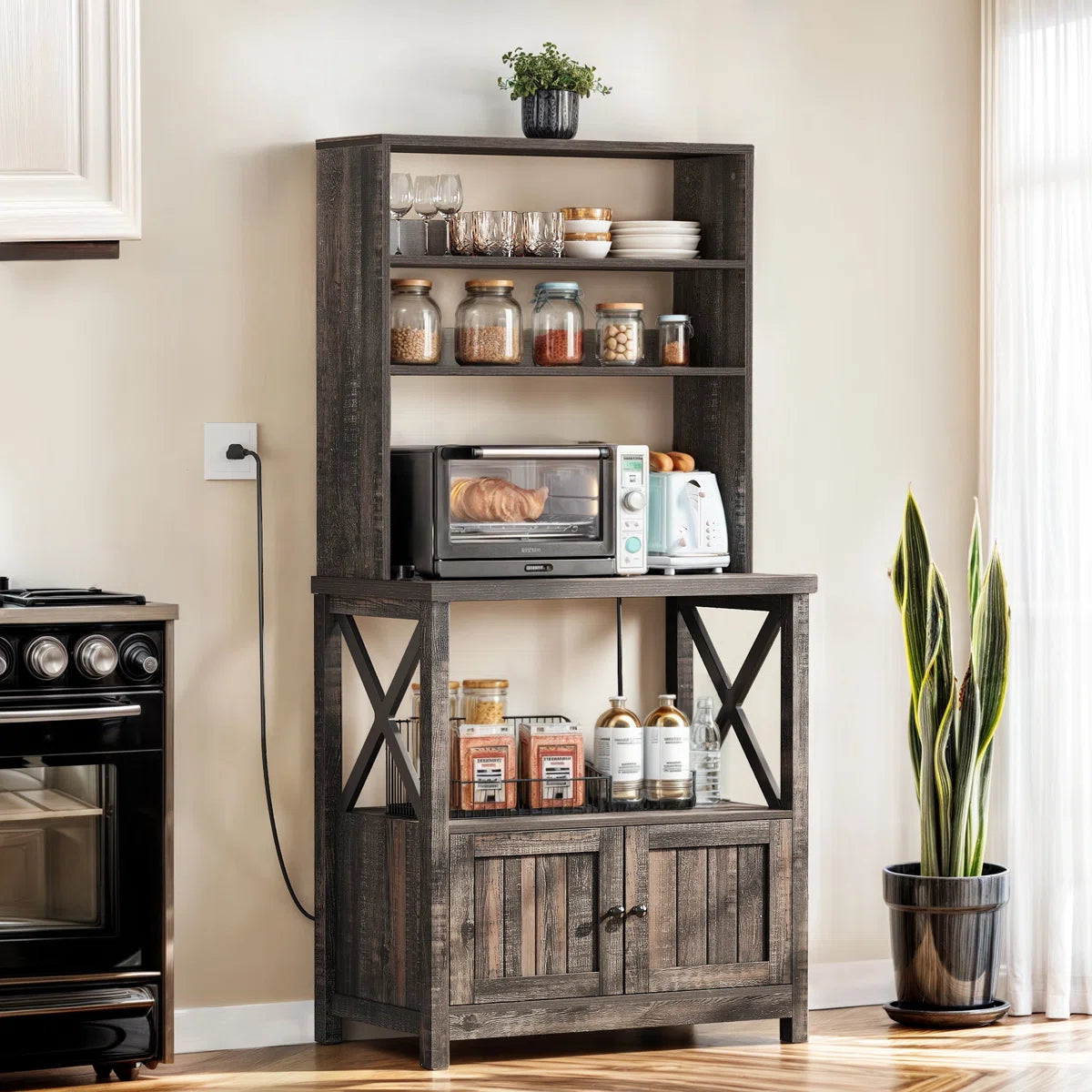 Kitchen Racks: 31.4'' Wooden Baker's Rack Suitable for Microwaves