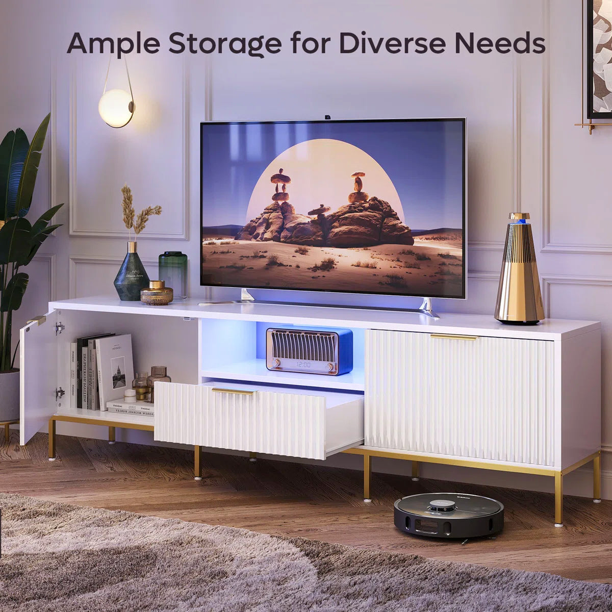 tv panel: 70" fluted TV stand fits 75" TVs, glossy finish, wave design