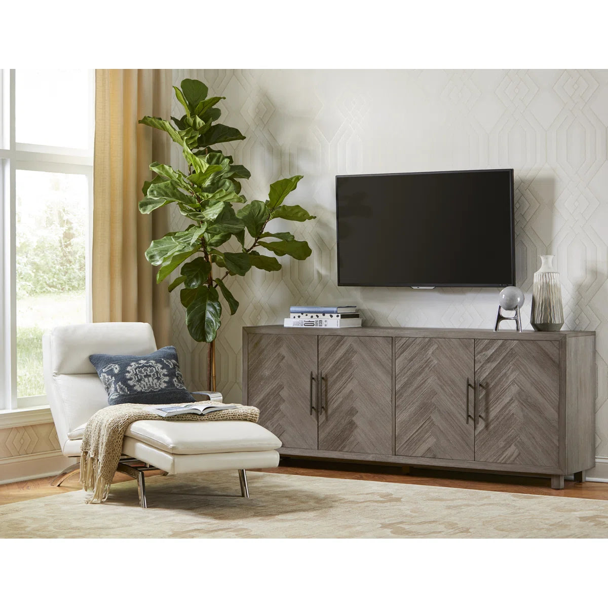 tv panel: Modern tv panel fits up to 85" screens, with storage and shelves