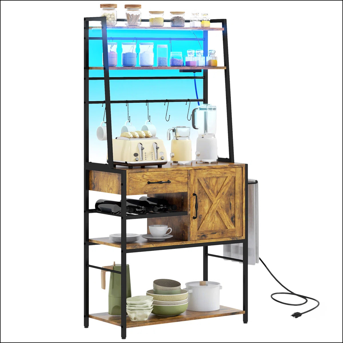 Kitchen Rack: LED Lights with Power Outlet on Baker's Rack