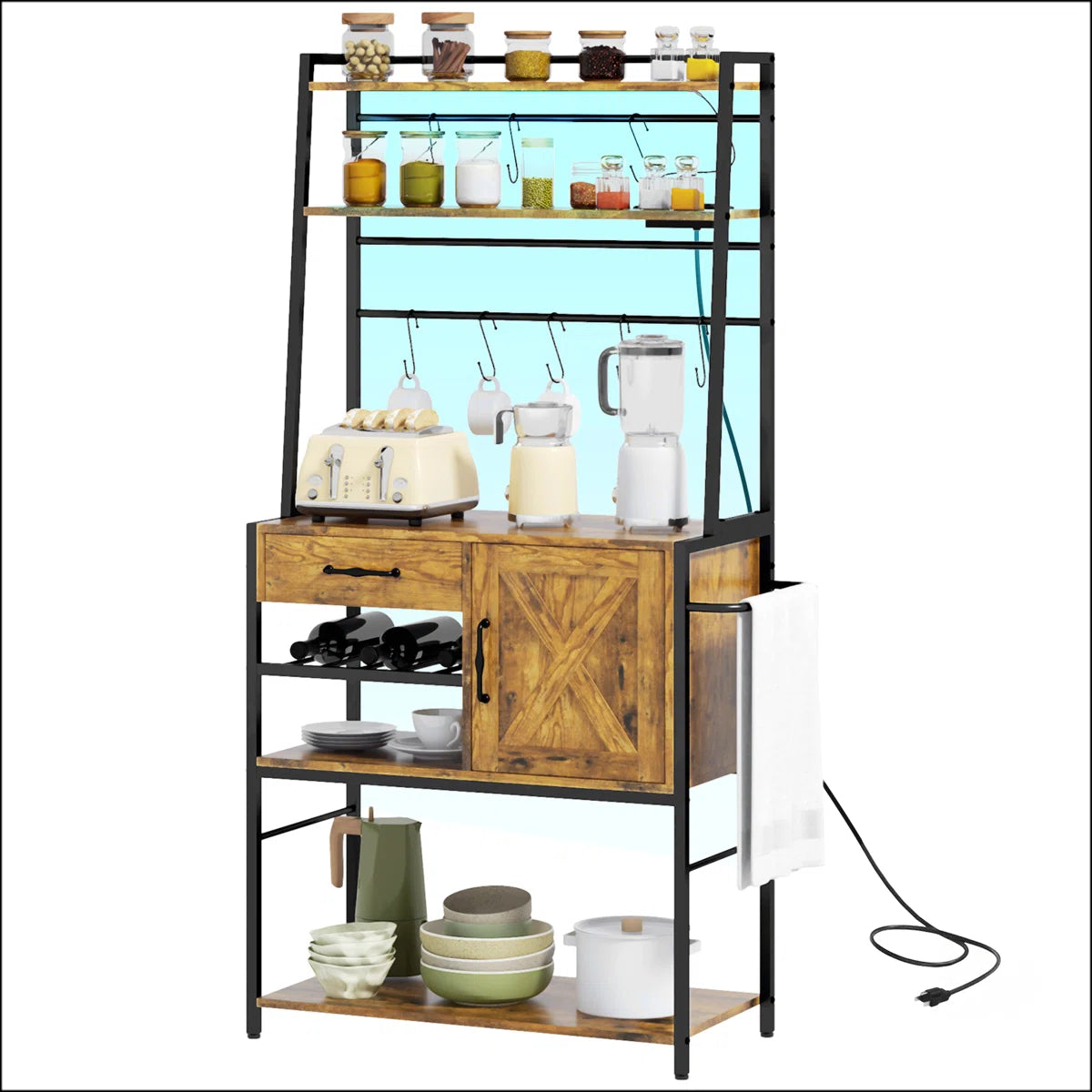 Kitchen Rack: LED Lights with Power Outlet on Baker's Rack