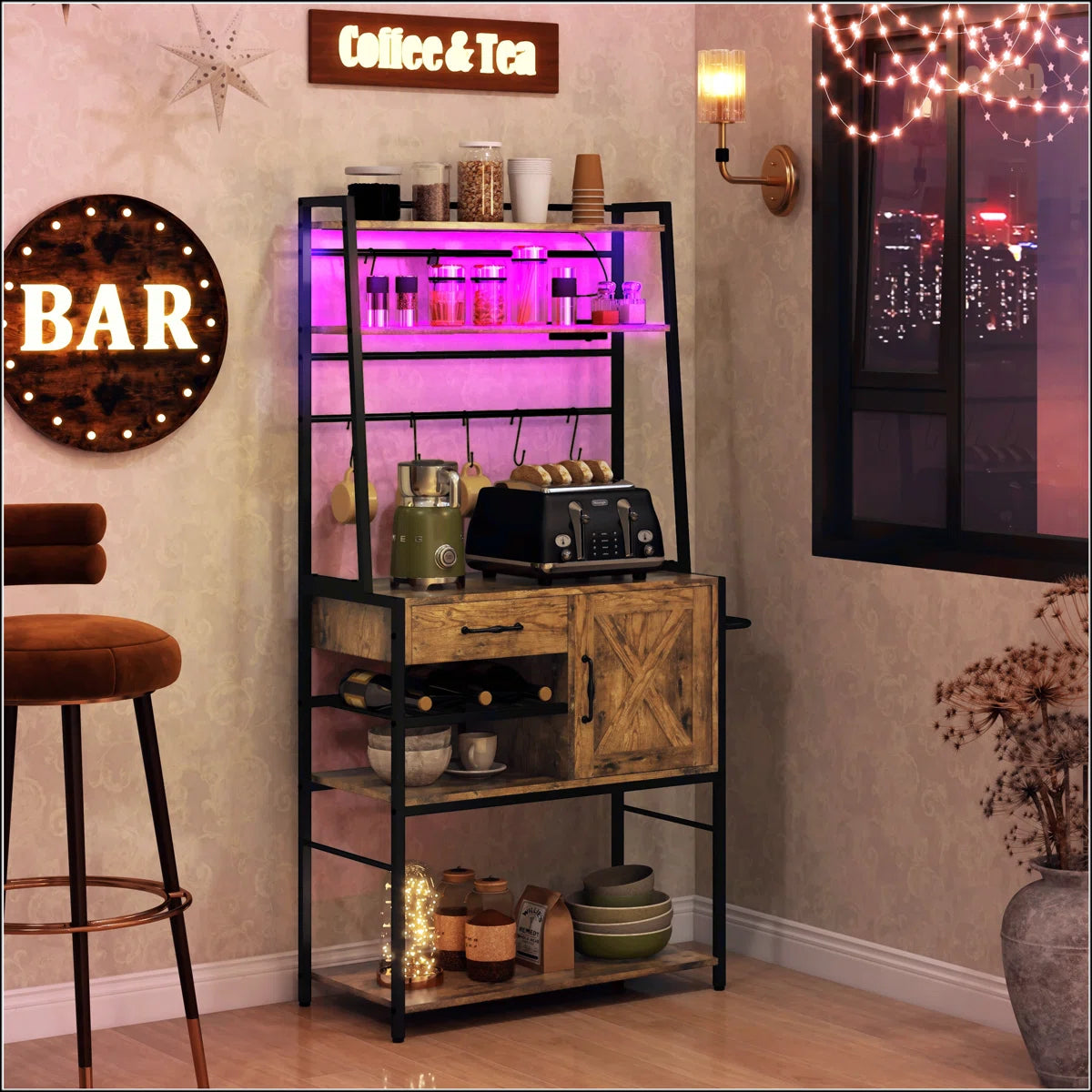 Kitchen Rack: LED Lights with Power Outlet on Baker's Rack