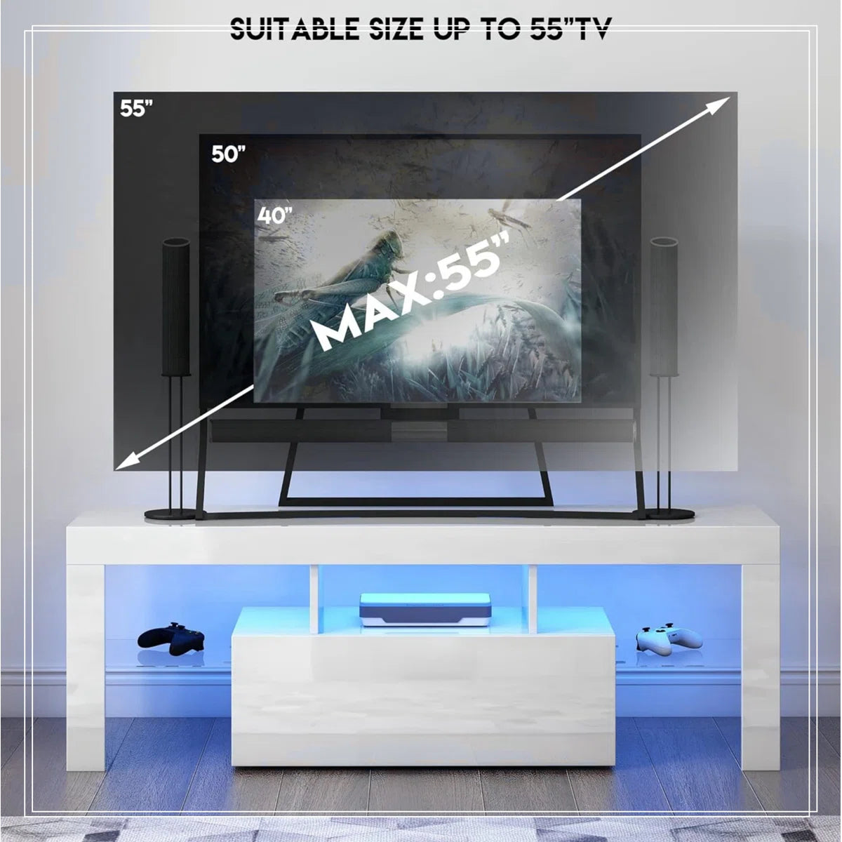 tv panel: LED tv panel for up to 55", modern console with flip door and glass shelf