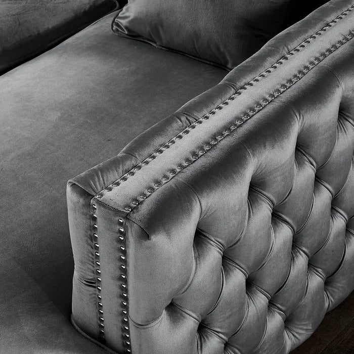 L Shape Sofa Set: Velvet Tufted Metal Y-Leg Left Facing Corner Sectional Sofa