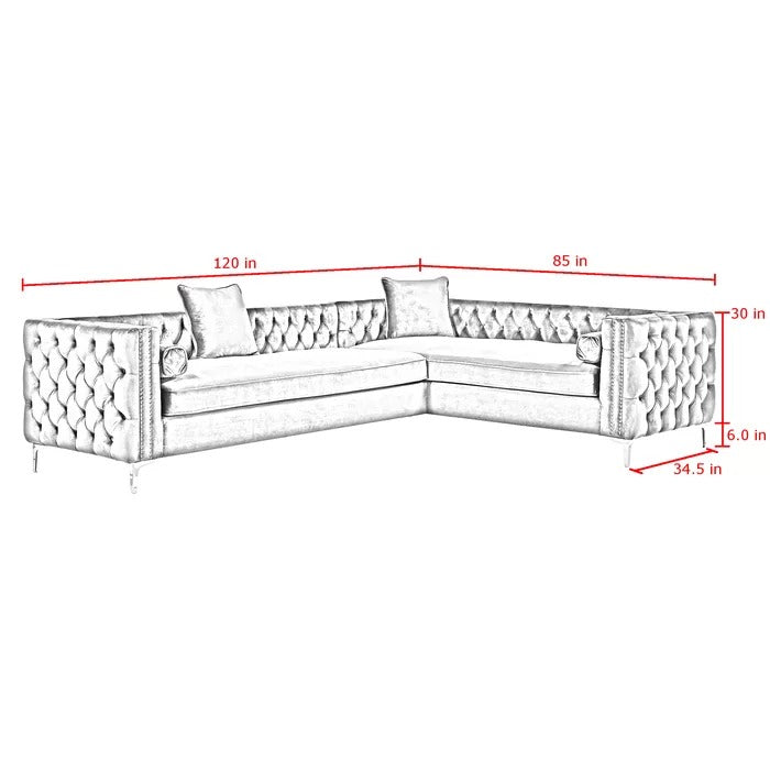 L Shape Sofa Set: Velvet Tufted Metal Y-Leg Left Facing Corner Sectional Sofa