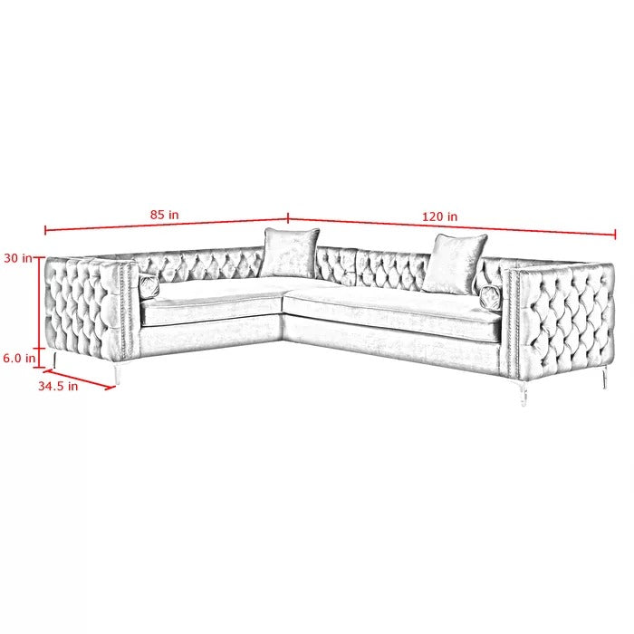 L Shape Sofa Set: Velvet Tufted Metal Y-Leg Left Facing Corner Sectional Sofa