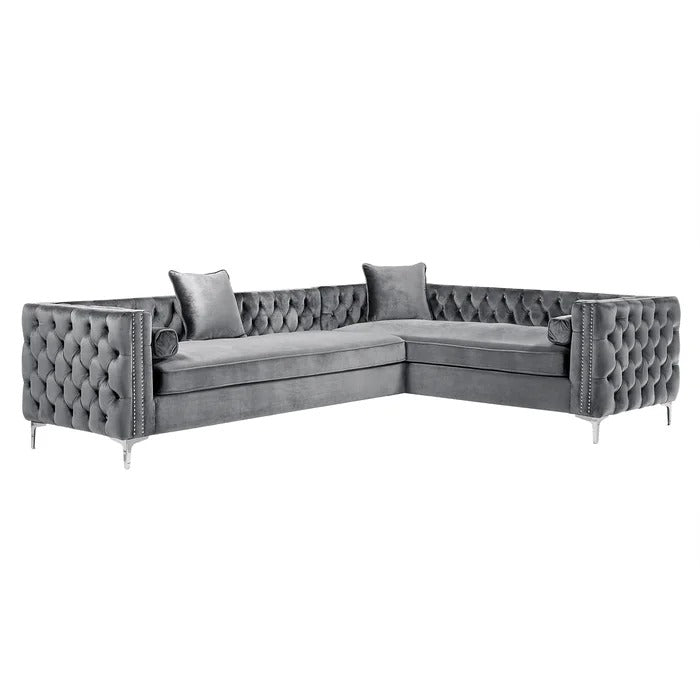L Shape Sofa Set: Velvet Tufted Metal Y-Leg Left Facing Corner Sectional Sofa