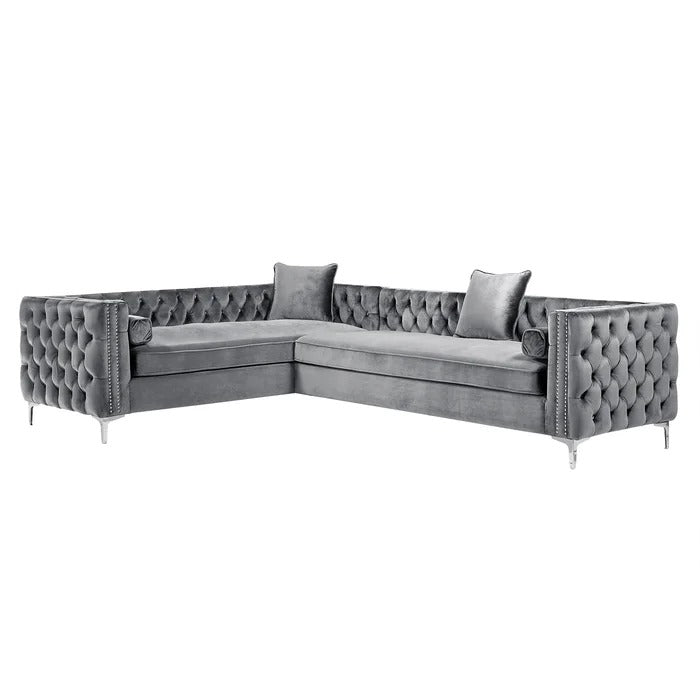 L Shape Sofa Set: Velvet Tufted Metal Y-Leg Left Facing Corner Sectional Sofa