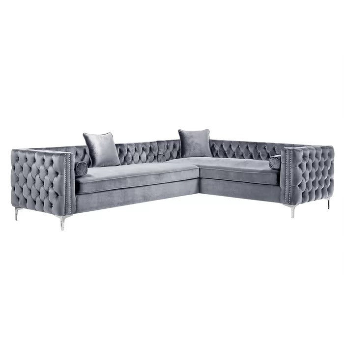 L Shape Sofa Set: Velvet Tufted Metal Y-Leg Left Facing Corner Sectional Sofa