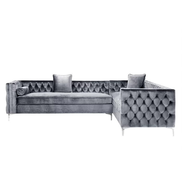 L Shape Sofa Set: Velvet Tufted Metal Y-Leg Left Facing Corner Sectional Sofa