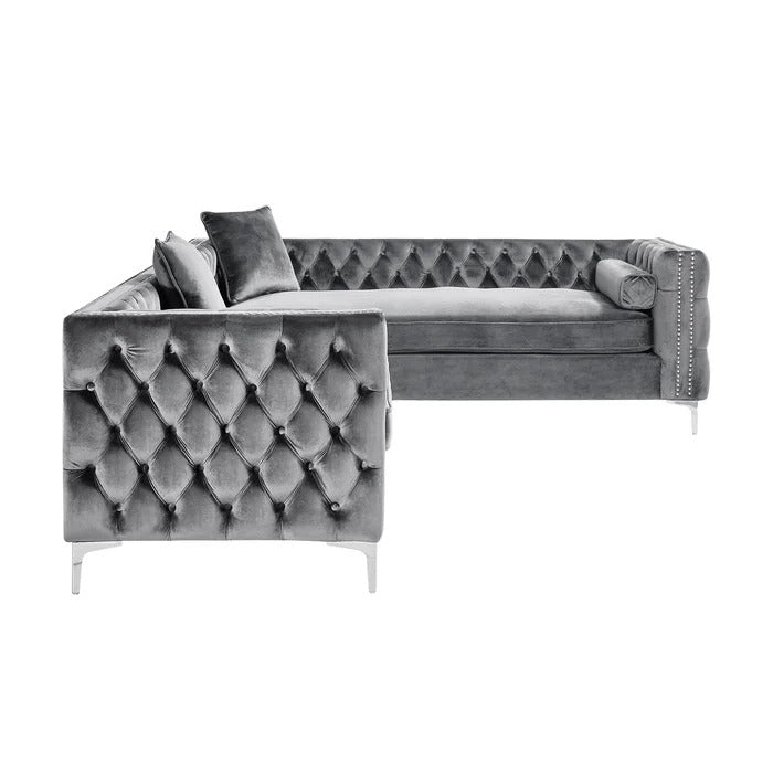 L Shape Sofa Set: Velvet Tufted Metal Y-Leg Left Facing Corner Sectional Sofa