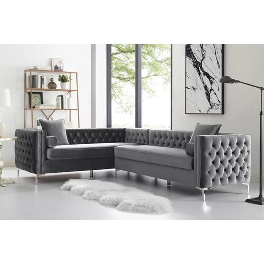 L Shape Sofa Set: Velvet Tufted Metal Y-Leg Left Facing Corner Sectional Sofa