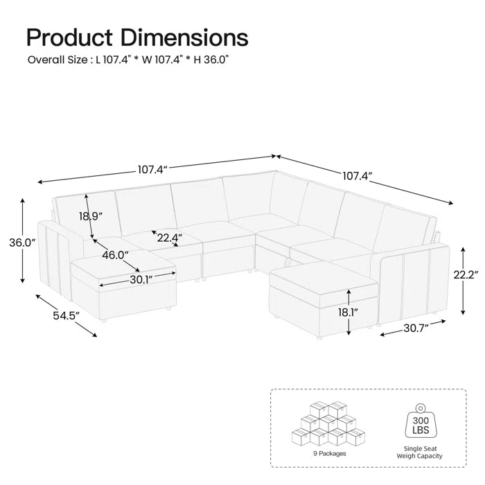 7 Seater Sofa Set: L-Shaped 107” Wide Modular Sectional Couch