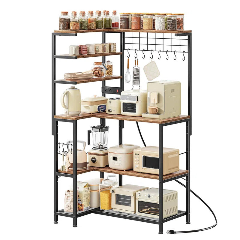 Kitchen Racks: L-shaped 6-tier baker’s rack with power outlet and microwave storage for corner kitchens
