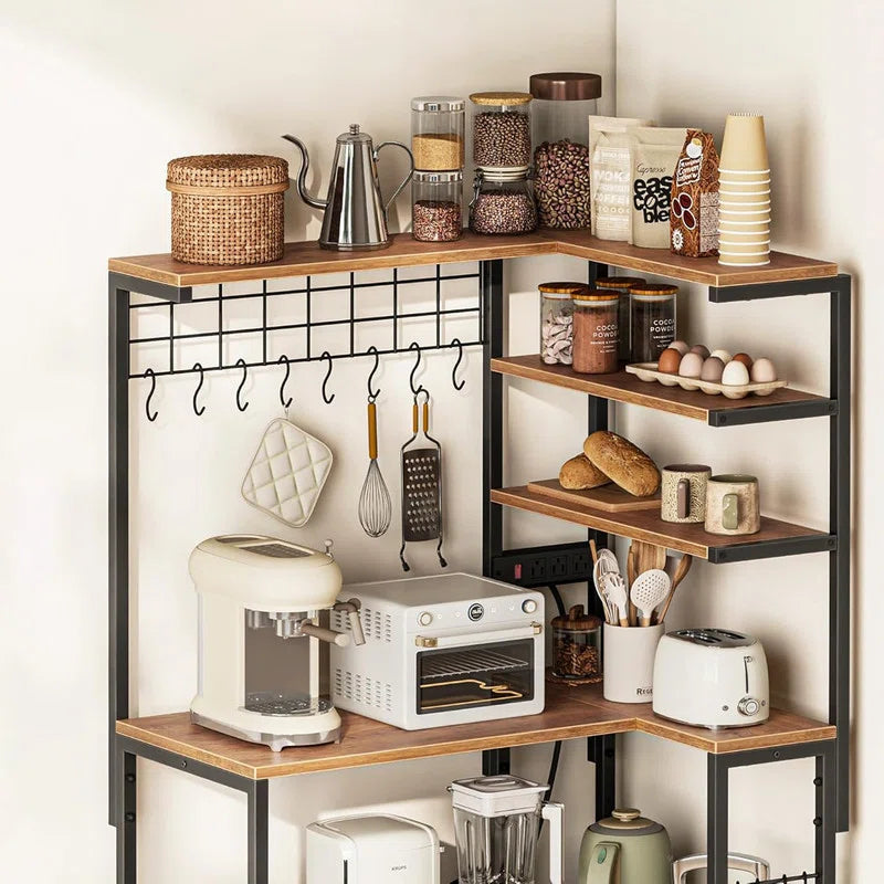 Kitchen Racks: L-shaped 6-tier baker’s rack with power outlet and microwave storage for corner kitchens