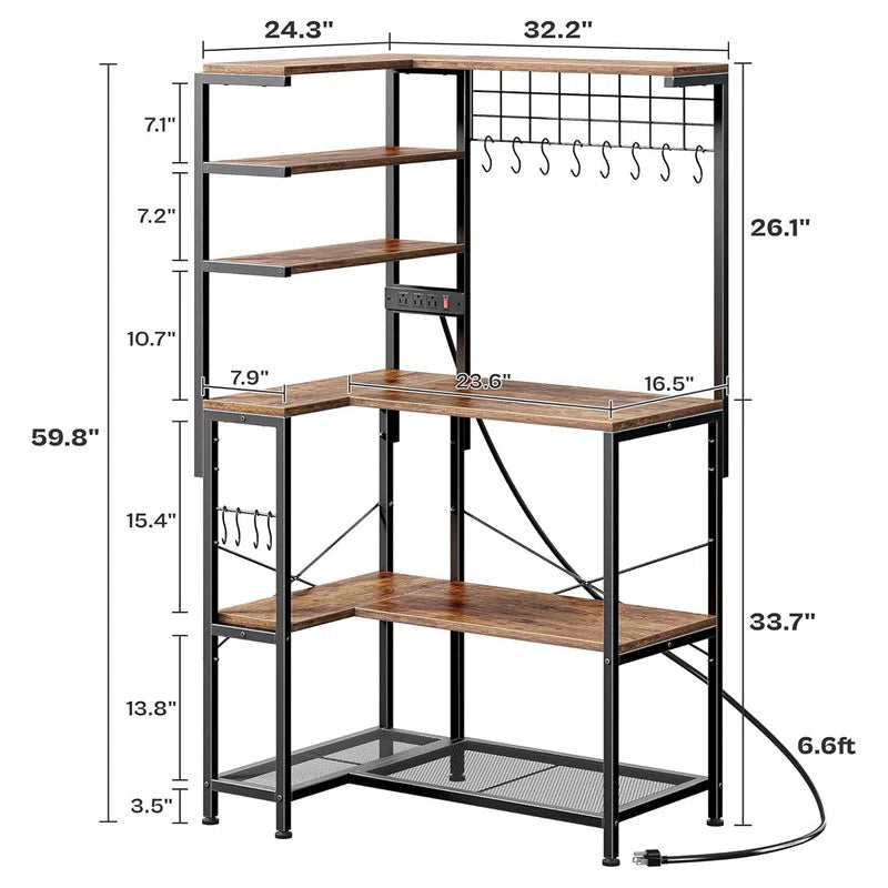 Kitchen Racks: L-shaped 6-tier baker’s rack with power outlet and microwave storage for corner kitchens