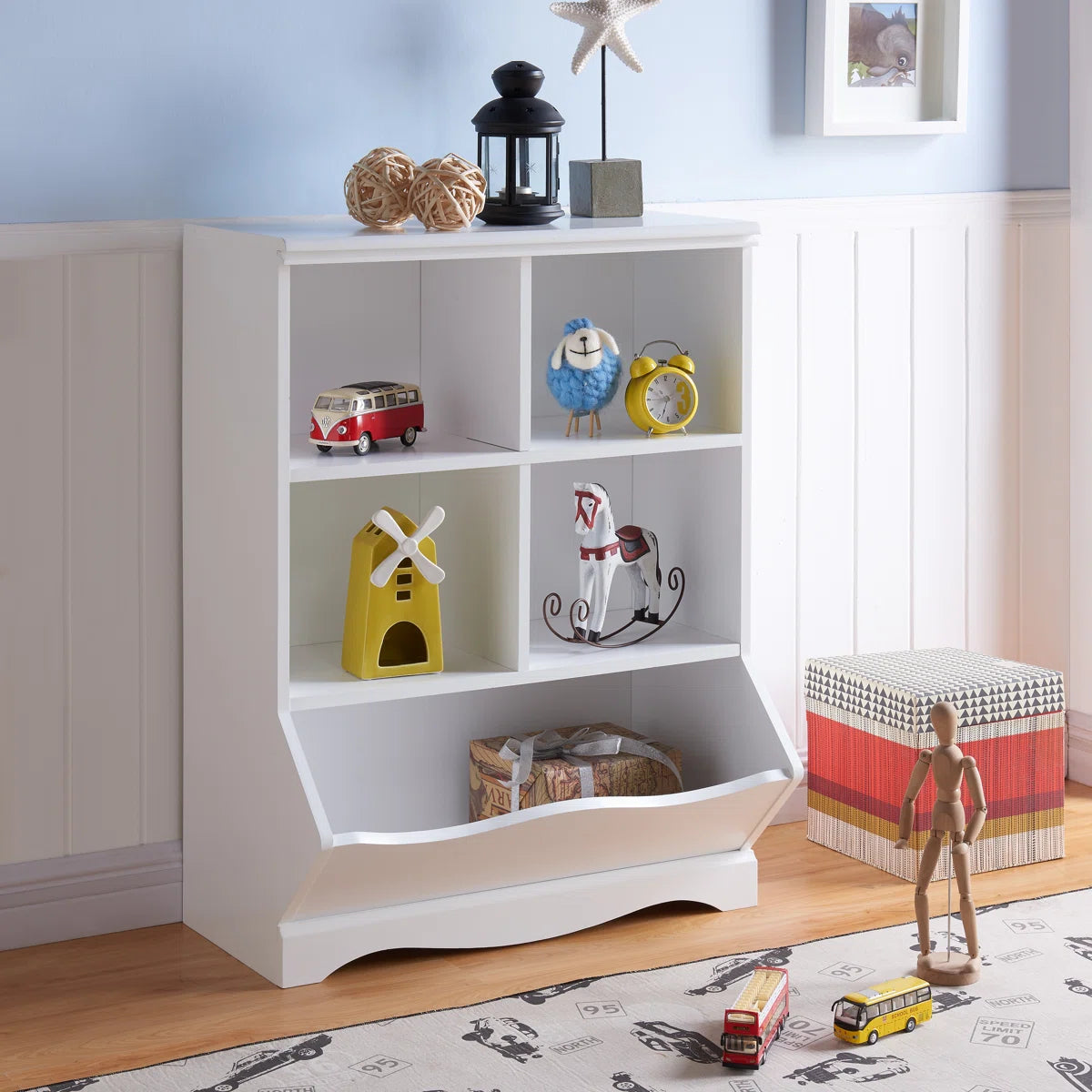 Kids Toy Storage Unit: Classic Wooden Organiser with Cubbies and Bin