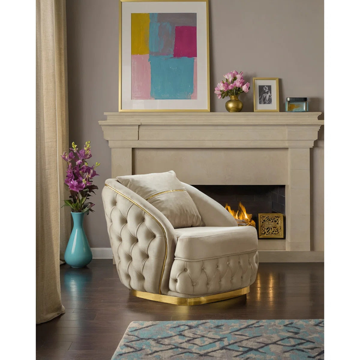 Luxury Sofa Sets: 3-Piece Turkish Velvet Sofa Set with Gold Legs & Accent Chair – Cream Finish