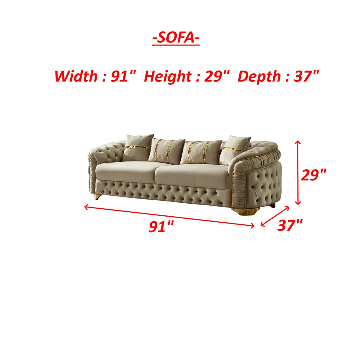 Luxury Sofa Sets: 3-Piece Turkish Velvet Sofa Set with Gold Legs & Accent Chair – Cream Finish