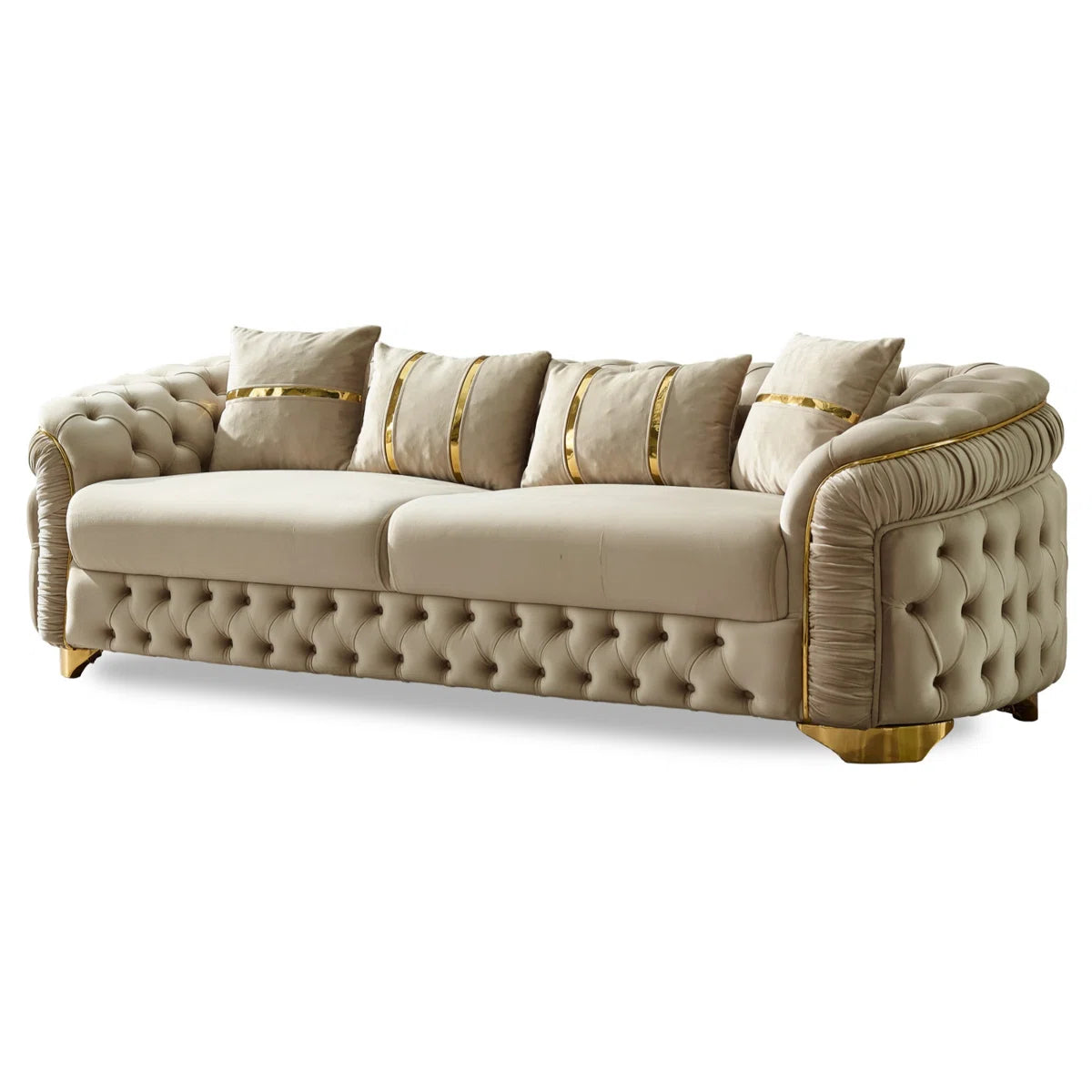 Luxury Sofa Sets: 3-Piece Turkish Velvet Sofa Set with Gold Legs & Accent Chair – Cream Finish