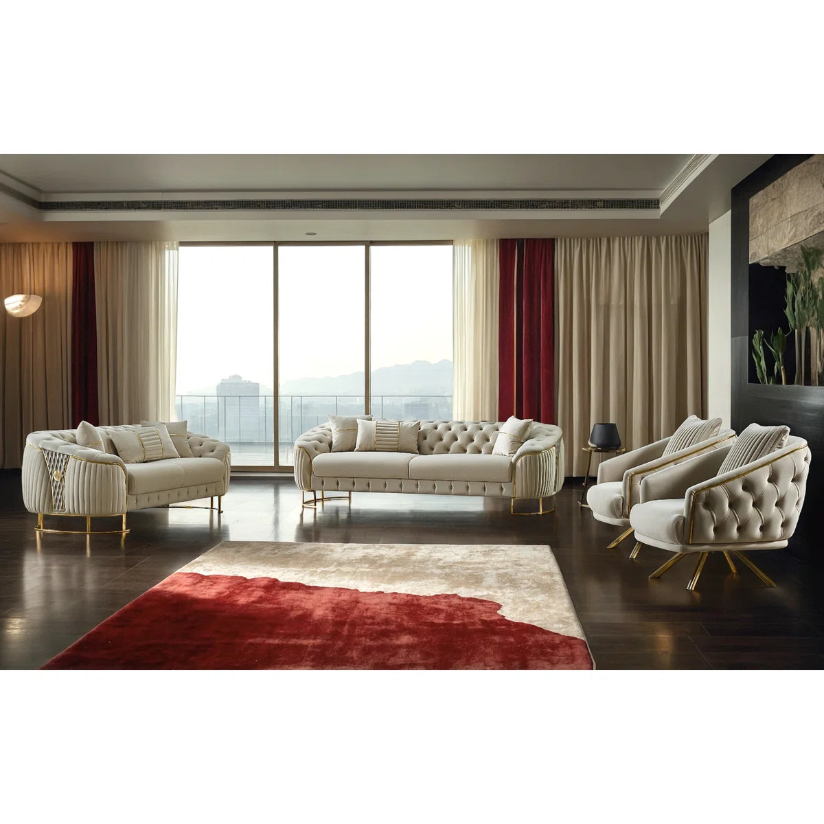 Luxury Sofa Sets: 4-Piece Velvet Sofa & Chair Set with Tufted Design and Gold Legs