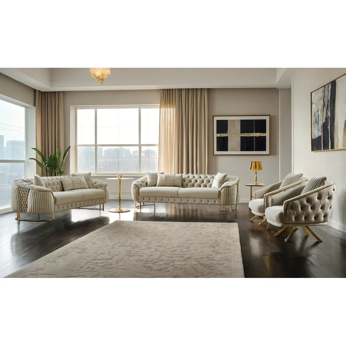 Luxury Sofa Sets: 4-Piece Velvet Sofa & Chair Set with Tufted Design and Gold Legs