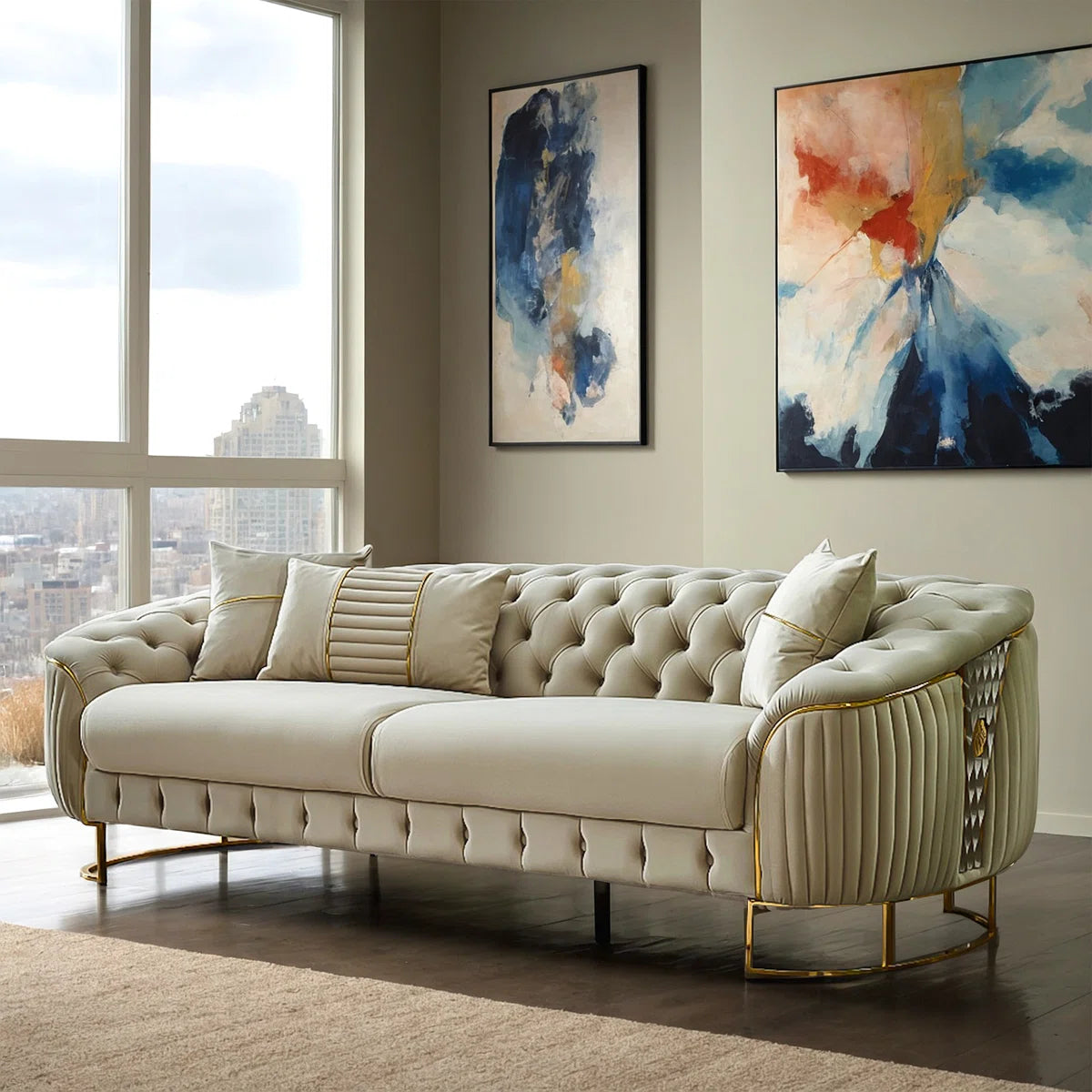 Luxury Sofa Sets: 4-Piece Velvet Sofa & Chair Set with Tufted Design and Gold Legs