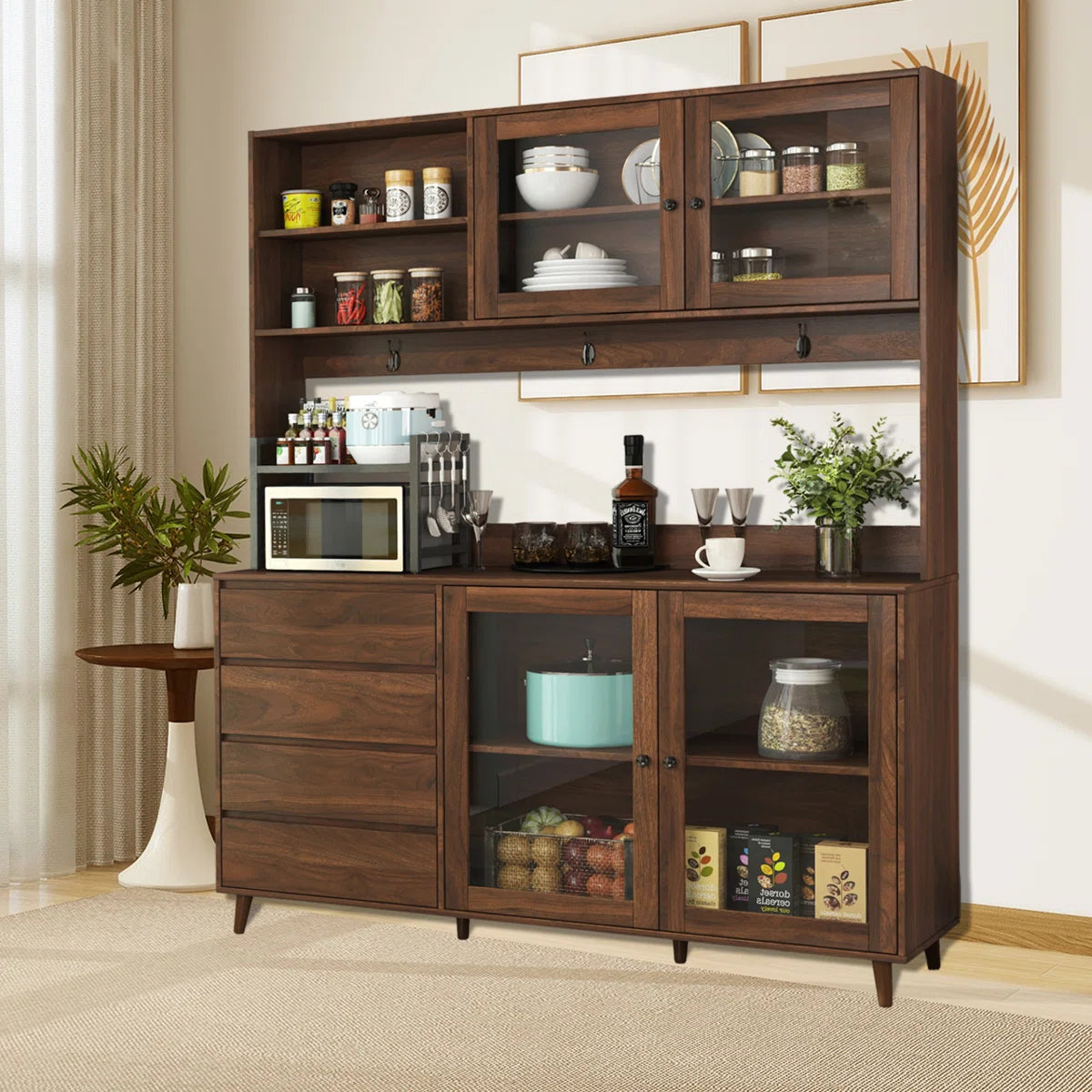 Microwave Stands: Large Freestanding Kitchen Hutch with 4 Doors and Microwave Shelf