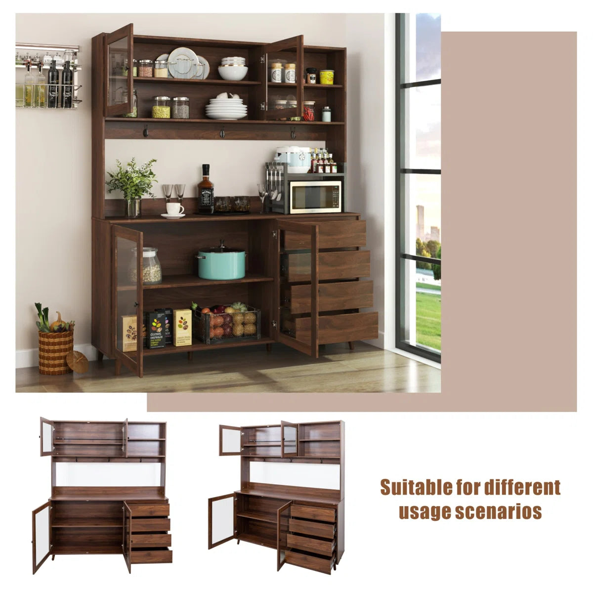 Microwave Stands: Large Freestanding Kitchen Hutch with 4 Doors and Microwave Shelf